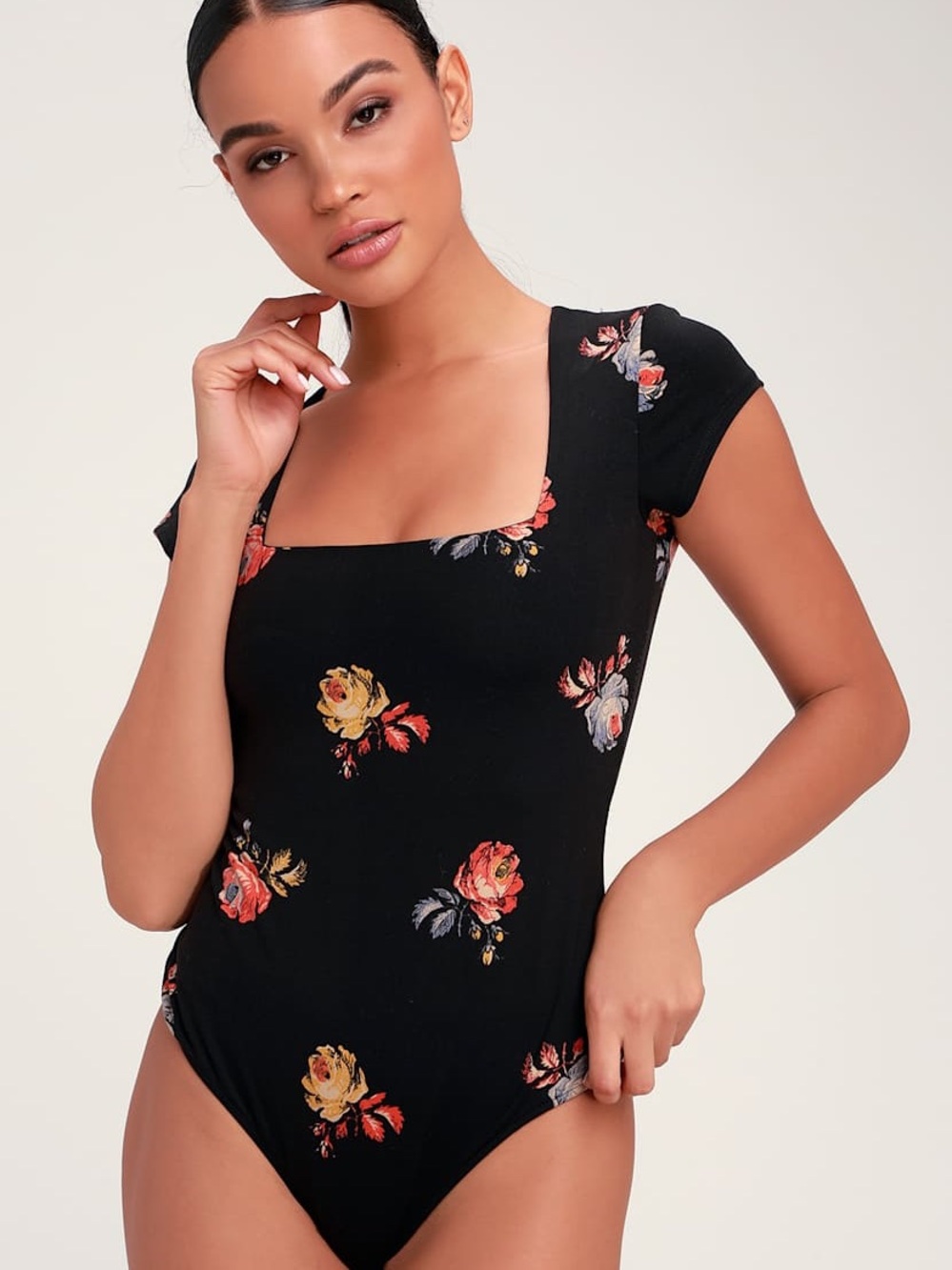 Intimately Free People Square Neck Black Floral Print Bodysuit Size Medium